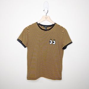 Striped Yellow Black Tee with Embroidered Eyes